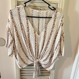 Floral Tie-Front Crop Top Blouse - Cream and Brown